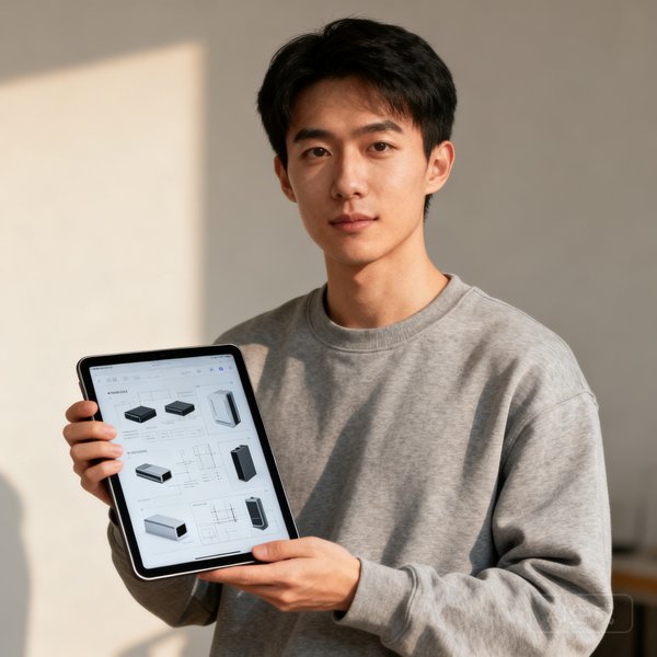 产品负责人王浩然的正面照，年轻男性，穿着灰色卫衣，手持平板电脑展示产品原型